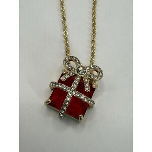 Vintage Gold Tone Red Crystal Gift Box Pendant Necklace